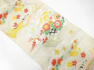 アンティーク　絽　流水に千鳥・秋草模様織り出し名古屋帯（着用可）